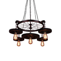 3/5/7 Heads Exposed Bulb Chandelier Light with Gear Deco Farmhouse Style Rust Metallic Ceiling Lamp - Rebooters