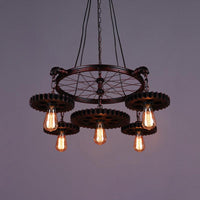 3/5/7 Heads Exposed Bulb Chandelier Light with Gear Deco Farmhouse Style Rust Metallic Ceiling Lamp - Rebooters