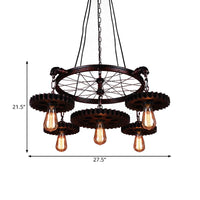 3/5/7 Heads Exposed Bulb Chandelier Light with Gear Deco Farmhouse Style Rust Metallic Ceiling Lamp - Rebooters