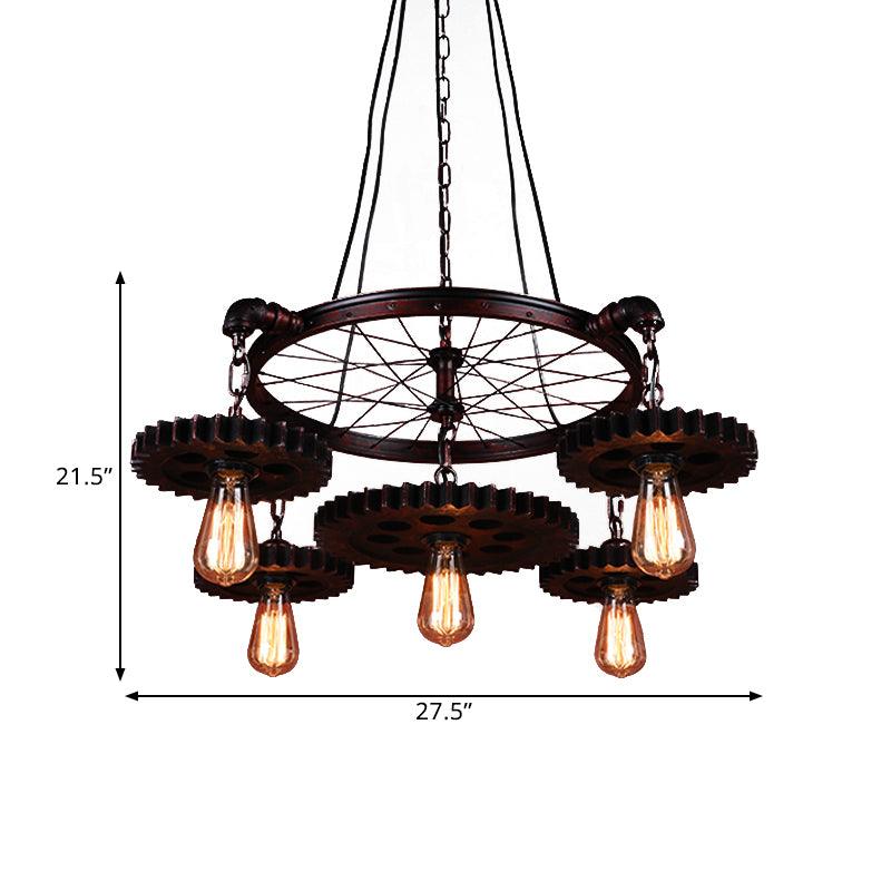 3/5/7 Heads Exposed Bulb Chandelier Light with Gear Deco Farmhouse Style Rust Metallic Ceiling Lamp - Rebooters