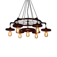 3/5/7 Heads Exposed Bulb Chandelier Light with Gear Deco Farmhouse Style Rust Metallic Ceiling Lamp - Rebooters