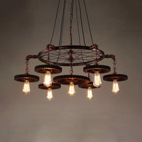3/5/7 Heads Exposed Bulb Chandelier Light with Gear Deco Farmhouse Style Rust Metallic Ceiling Lamp - Rebooters