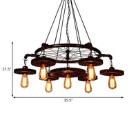 3/5/7 Heads Exposed Bulb Chandelier Light with Gear Deco Farmhouse Style Rust Metallic Ceiling Lamp - Rebooters