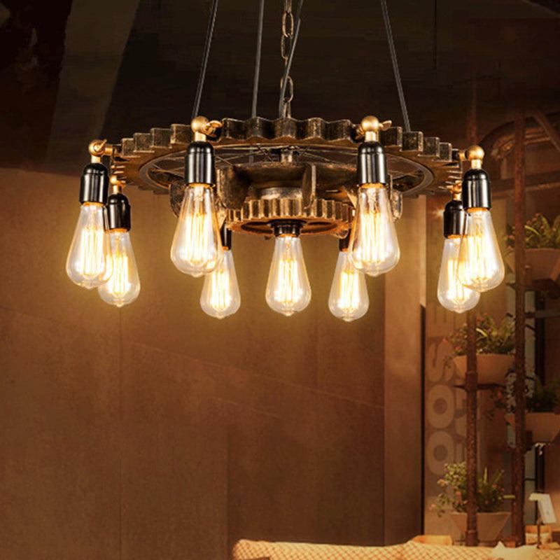 9 Lights Gear Design Ceiling Fixture Antique Style Dark Rust Metal Pendant Ceiling Light - Rebooters