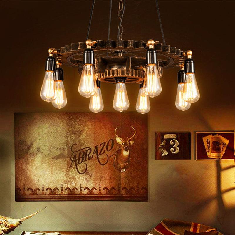9 Lights Gear Design Ceiling Fixture Antique Style Dark Rust Metal Pendant Ceiling Light - Rebooters