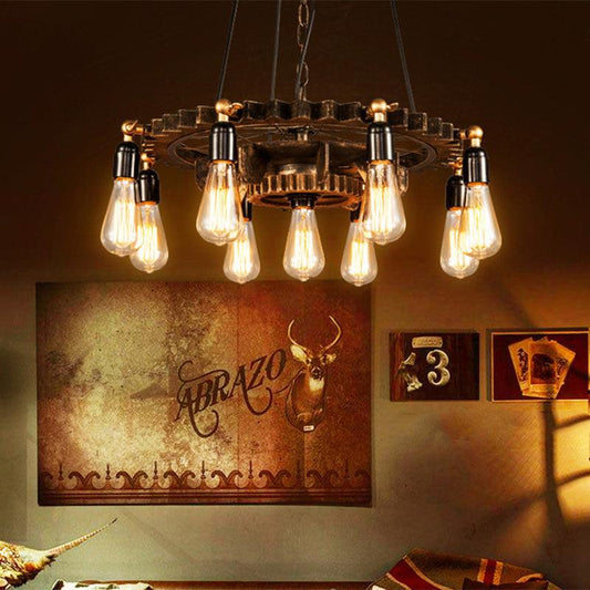 9 Lights Gear Design Ceiling Fixture Antique Style Dark Rust Metal Pendant Ceiling Light - Rebooters