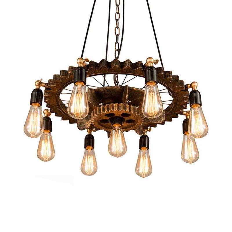9 Lights Gear Design Ceiling Fixture Antique Style Dark Rust Metal Pendant Ceiling Light - Rebooters