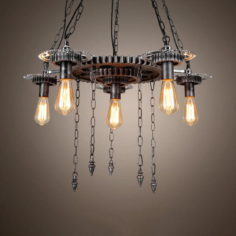 Aged Silver Gear Design Ceiling Lamp Vintage Industrial Metal 6 Heads Restaurant Hanging Lamp - Rebooters