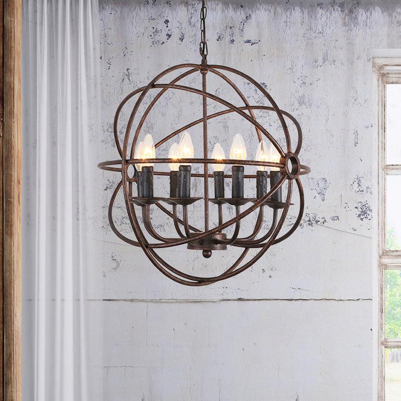 Dark Rust Orb Cage Suspension Light with Candle Design Chandelier - Rebooters