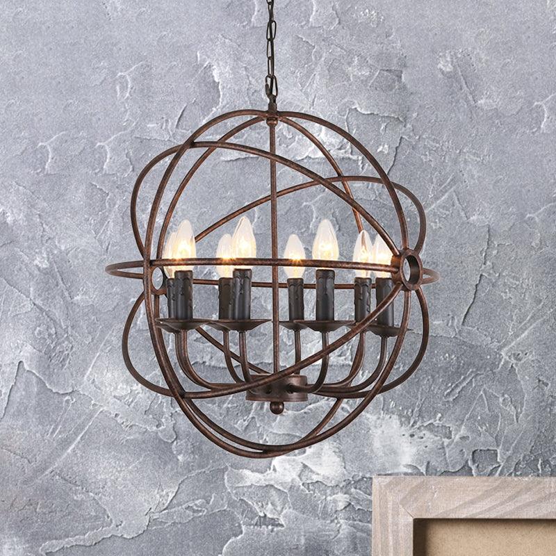 Dark Rust Orb Cage Suspension Light with Candle Design Chandelier - Rebooters