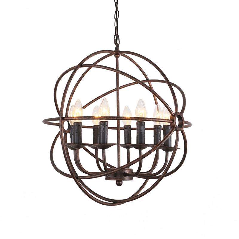 Dark Rust Orb Cage Suspension Light with Candle Design Chandelier - Rebooters