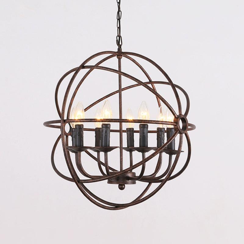 Dark Rust Orb Cage Suspension Light with Candle Design Chandelier - Rebooters