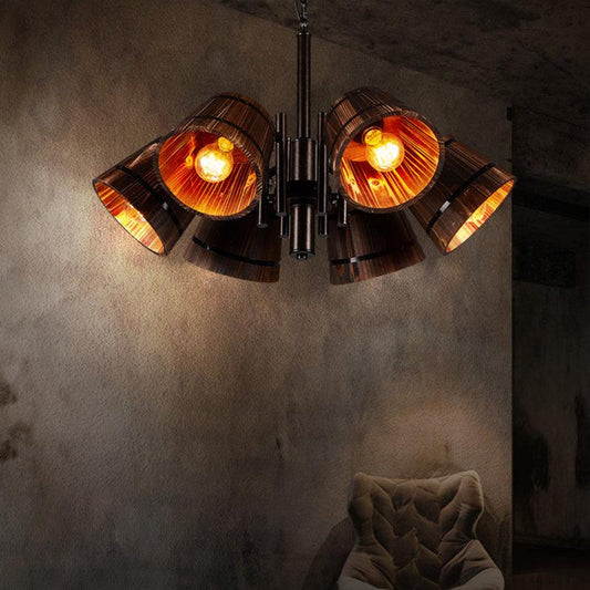6 Heads Bucket Pendant Chandelier Wood Rustic Lodge Lamp - Rebooters