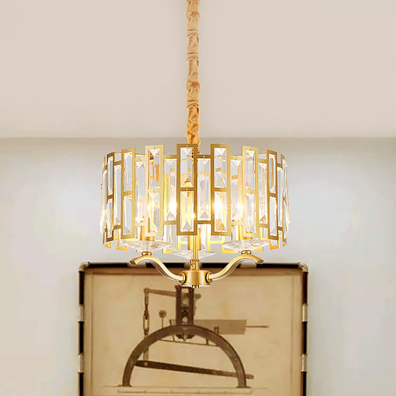 3/4 Heads Drum Hanging Lamp Traditional Gold Crystal Embedded Chandelier Light with Scrolls 16"/19.5" W - Rebooters