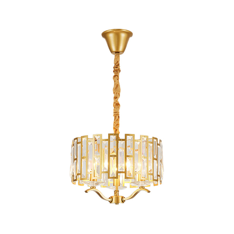 3/4 Heads Drum Hanging Lamp Traditional Gold Crystal Embedded Chandelier Light with Scrolls 16"/19.5" W - Rebooters