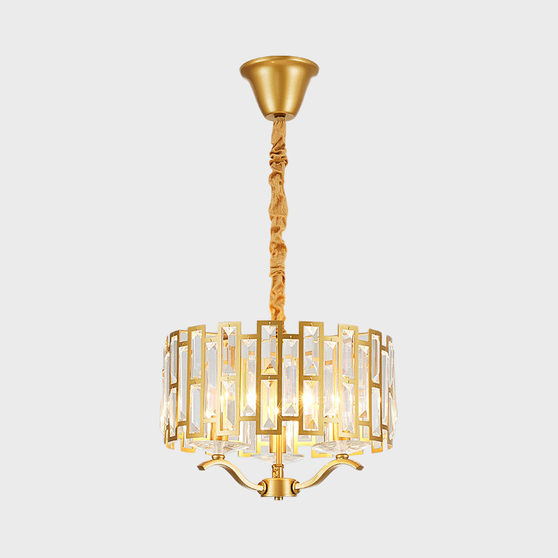 3/4 Heads Drum Hanging Lamp Traditional Gold Crystal Embedded Chandelier Light with Scrolls 16"/19.5" W - Rebooters