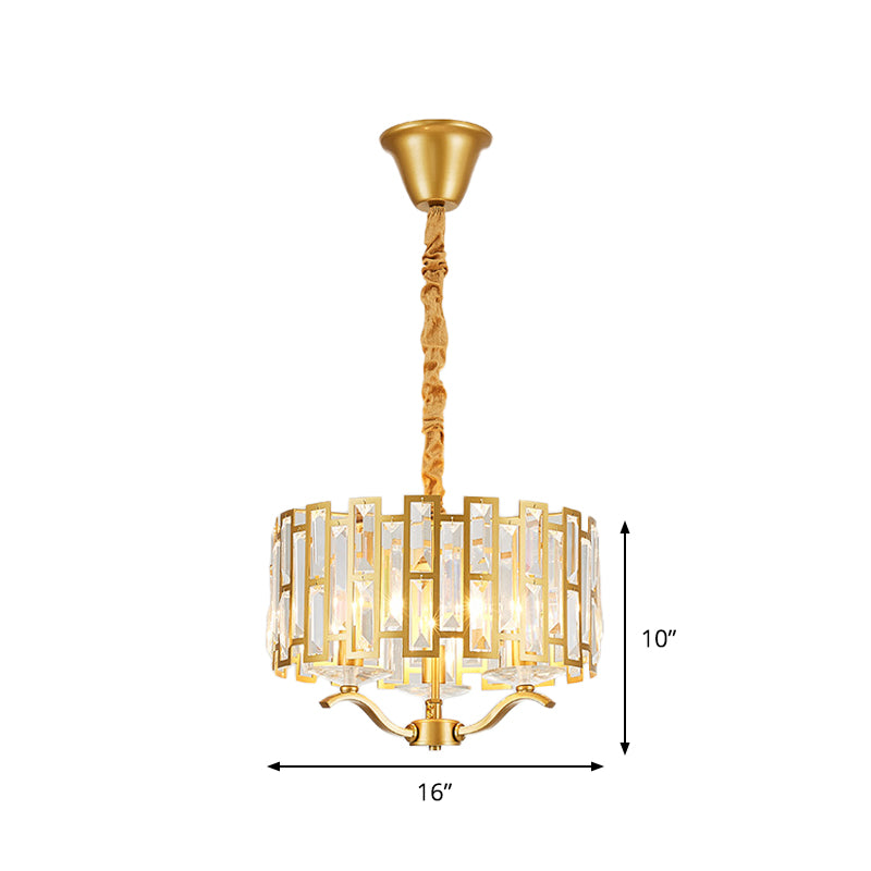 3/4 Heads Drum Hanging Lamp Traditional Gold Crystal Embedded Chandelier Light with Scrolls 16"/19.5" W - Rebooters