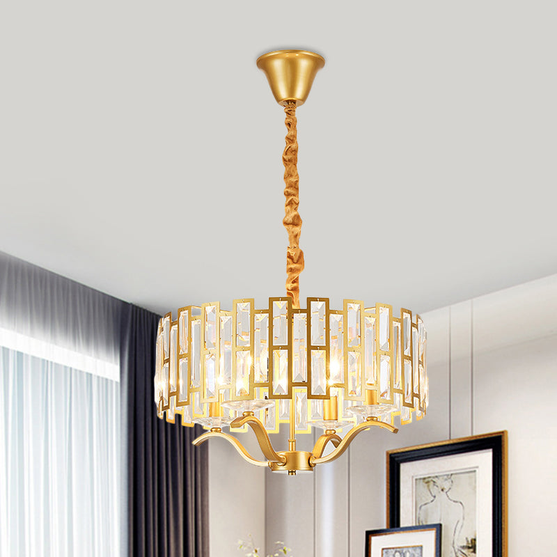 3/4 Heads Drum Hanging Lamp Traditional Gold Crystal Embedded Chandelier Light with Scrolls 16"/19.5" W - Rebooters