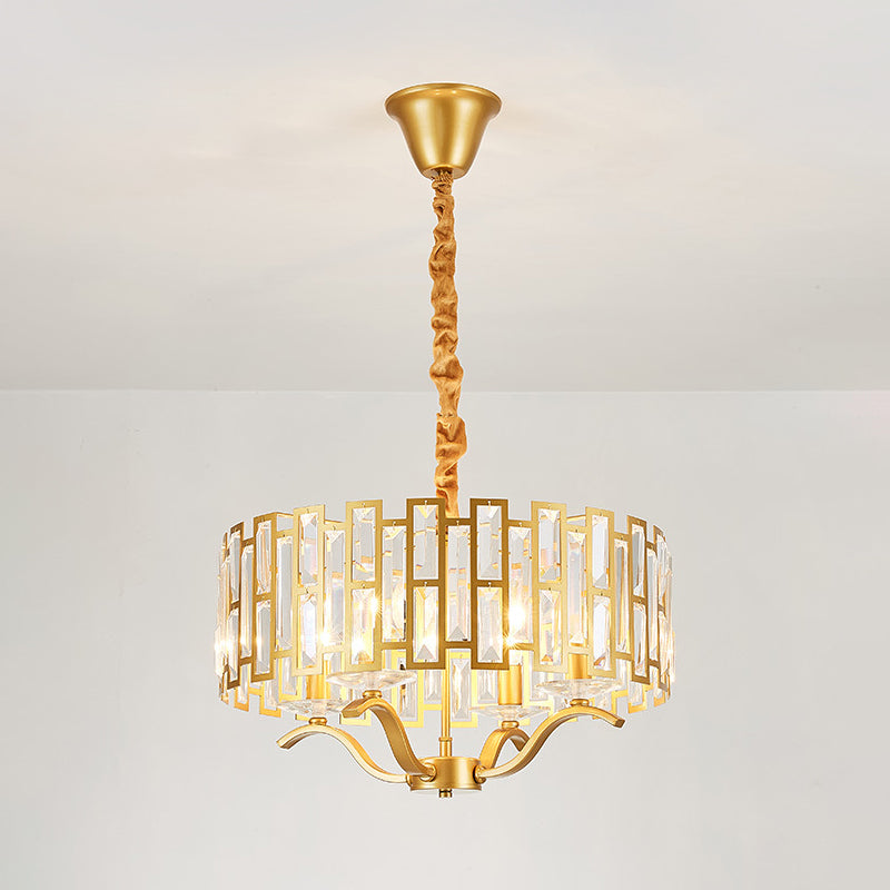 3/4 Heads Drum Hanging Lamp Traditional Gold Crystal Embedded Chandelier Light with Scrolls 16"/19.5" W - Rebooters