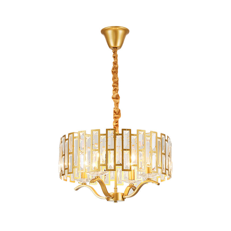 3/4 Heads Drum Hanging Lamp Traditional Gold Crystal Embedded Chandelier Light with Scrolls 16"/19.5" W - Rebooters