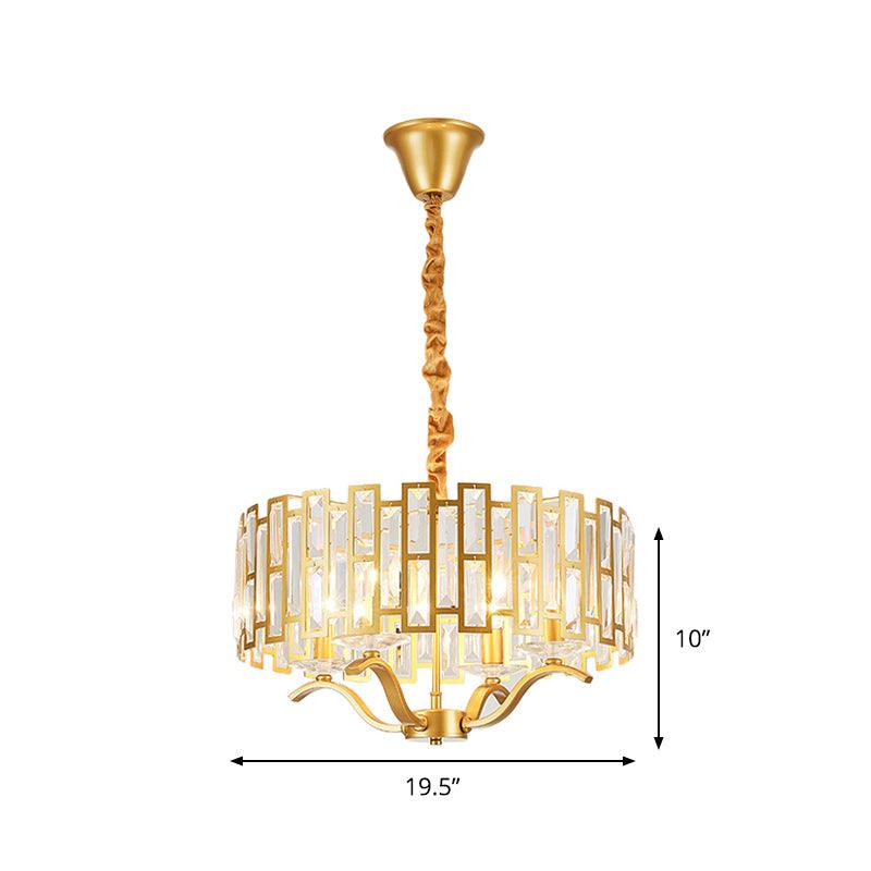3/4 Heads Drum Hanging Lamp Traditional Gold Crystal Embedded Chandelier Light with Scrolls 16"/19.5" W - Rebooters