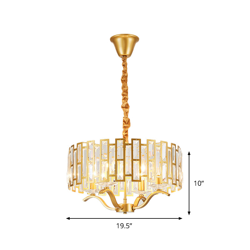 3/4 Heads Drum Hanging Lamp Traditional Gold Crystal Embedded Chandelier Light with Scrolls 16"/19.5" W - Rebooters