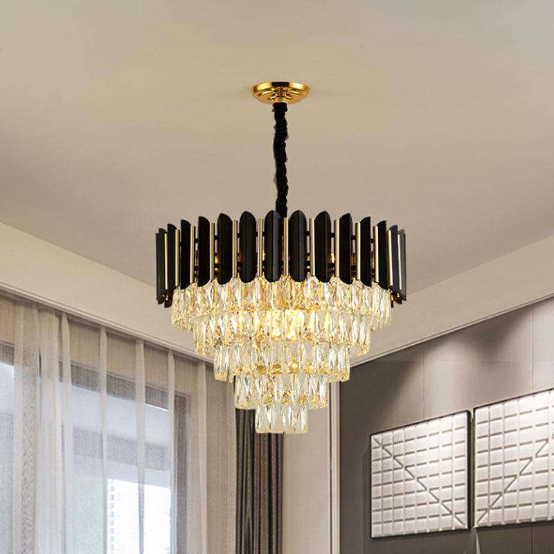 6 Heads Tapered Pendant Chandelier Modern Black Finish Clear Crystal Blocks Ceiling Lamp - Rebooters