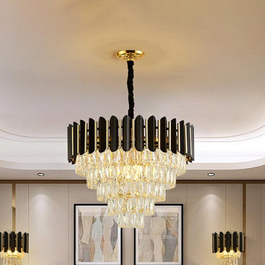 6 Heads Tapered Pendant Chandelier Modern Black Finish Clear Crystal Blocks Ceiling Lamp - Rebooters