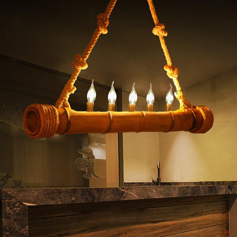 Beige Bamboo Shape Hanging Light with Candle 5 Lights Rustic Chandelier - Rebooters