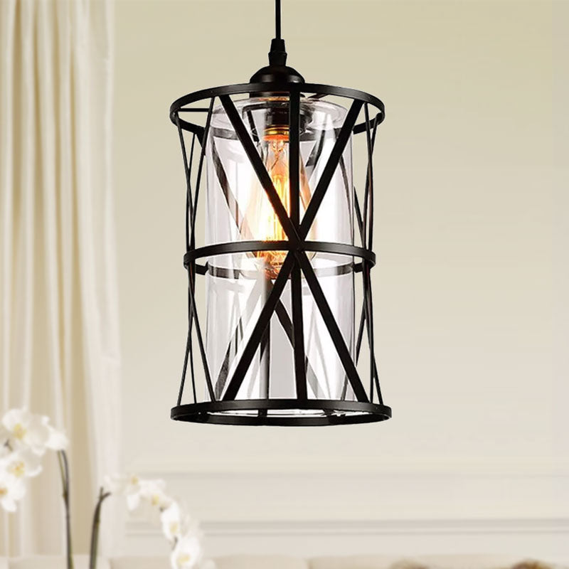 1 Light Pendant Lighting Industrial Cylinder Clear Glass Hanging Ceiling Light in Black with Iron Frame - Rebooters