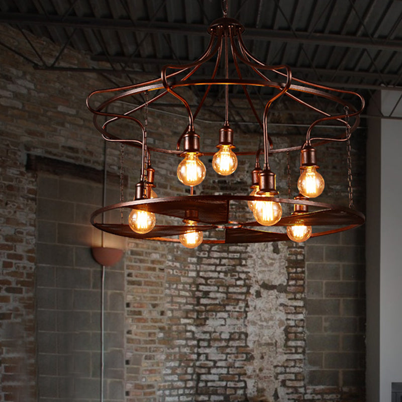 Drum Restaurant Pendant Light Metal Nine Lights Antique Stylish Chandelier in Rust - Rebooters