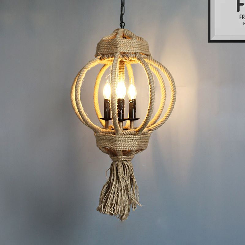 3 Bulbs Lantern Cage Hanging Lamp Country Style Hemp Rope Chandelier Lighting - Rebooters