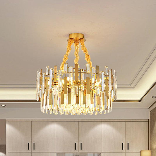 9 Heads Drum Chandelier Contemporary Gold Blocks Clear Crystal Prisms Pendant Ceiling Light Fixture - Rebooters