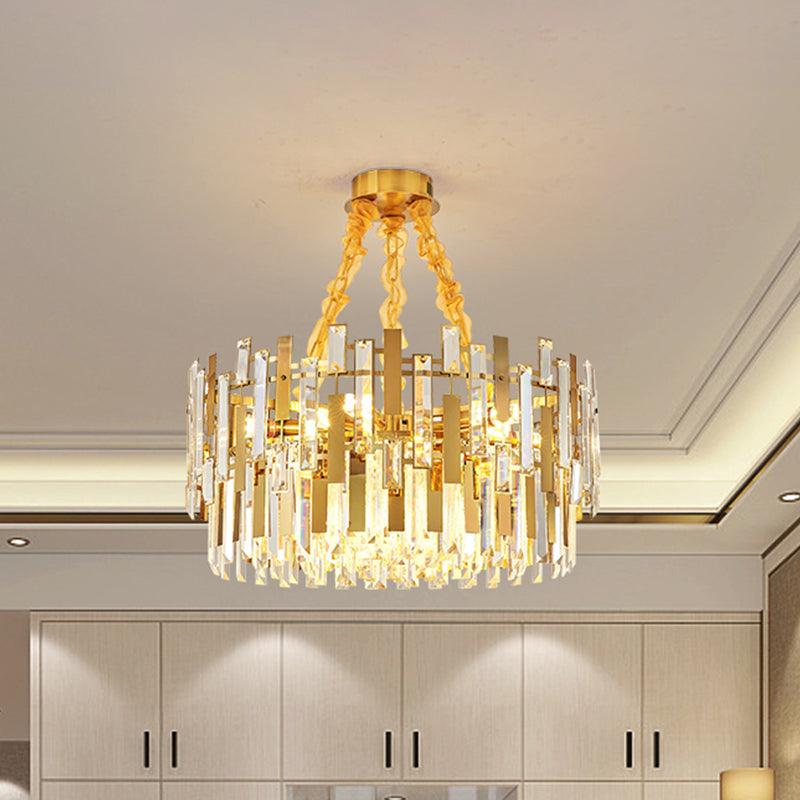9 Heads Drum Chandelier Contemporary Gold Blocks Clear Crystal Prisms Pendant Ceiling Light Fixture - Rebooters