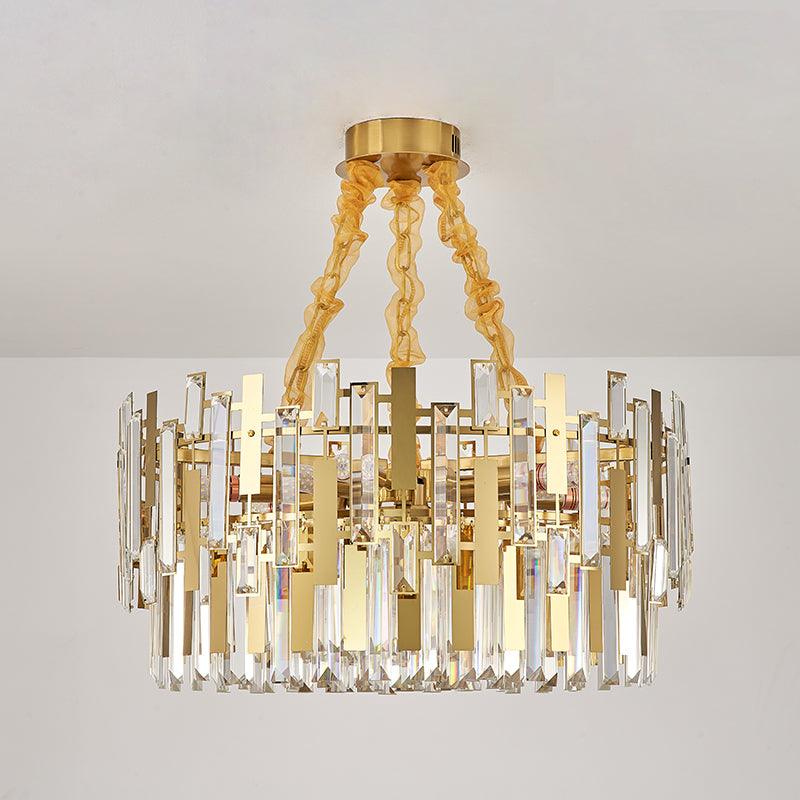 9 Heads Drum Chandelier Contemporary Gold Blocks Clear Crystal Prisms Pendant Ceiling Light Fixture - Rebooters