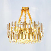 9 Heads Drum Chandelier Contemporary Gold Blocks Clear Crystal Prisms Pendant Ceiling Light Fixture - Rebooters
