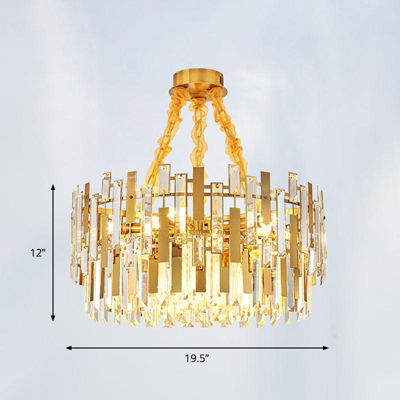 9 Heads Drum Chandelier Contemporary Gold Blocks Clear Crystal Prisms Pendant Ceiling Light Fixture - Rebooters
