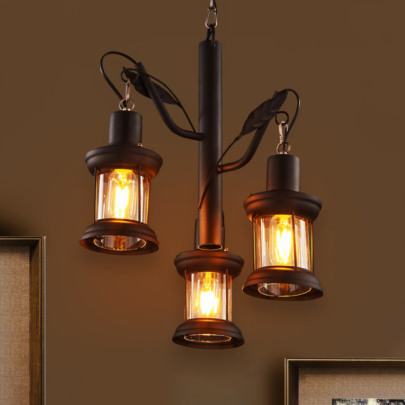 3 Lights Ceiling Light Fixture Coastal Lantern Clear Glass Pendant Chandelier in Black - Rebooters