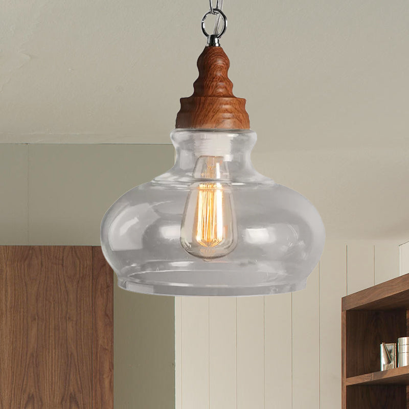 Wood 1 Light Hanging Ceiling Light Vintage Clear Glass Pendant - Rebooters