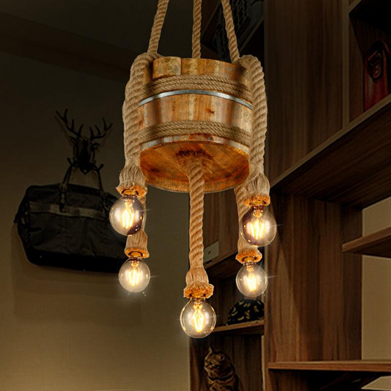 Drum Shape Chandeliers Five-light Retro Style Wood Beige Lights - Rebooters