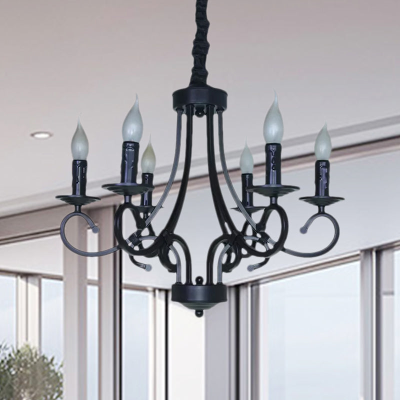 Vintage Style Exposed Chandelier Light with Candle 6 Heads Iron Ceiling Light Black - Rebooters