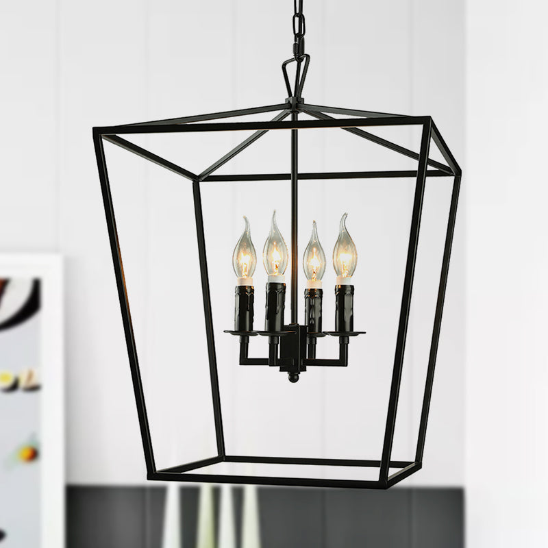 Vintage Squared Cage Chandelier Light Fixture in Black - Rebooters