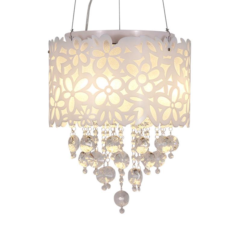 4 Heads Drum Hanging Lamp Contemporary Metal Chandelier Lighting in White with Crystal Droplets - Rebooters