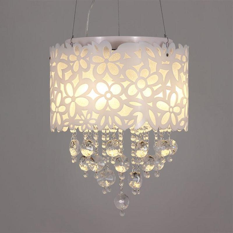 4 Heads Drum Hanging Lamp Contemporary Metal Chandelier Lighting in White with Crystal Droplets - Rebooters
