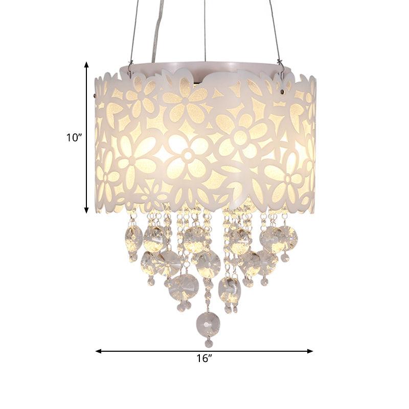 4 Heads Drum Hanging Lamp Contemporary Metal Chandelier Lighting in White with Crystal Droplets - Rebooters