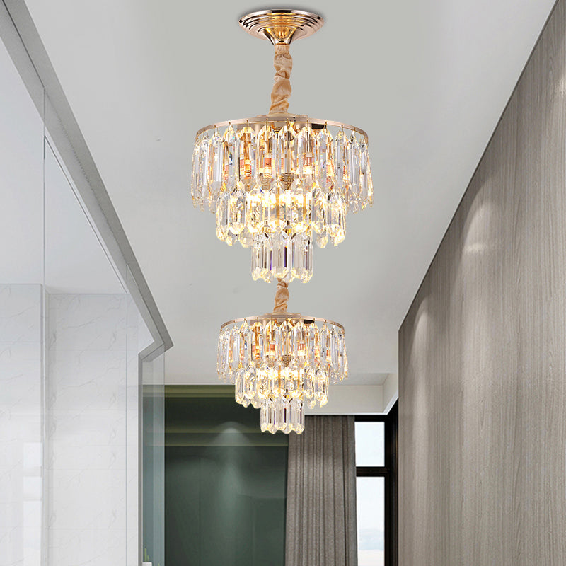 3-Tier Crystal Rod Drop Lamp Modern Style 2 Lights Foyer Chandelier in Gold - Rebooters