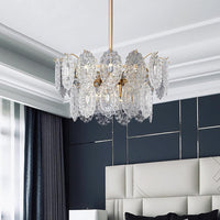 5/7 Heads Embossed Crystal Panels Chandelier Lamp Modern Gold Canopy Tapered Pendant Lighting 15.5 19.5 W - Rebooters