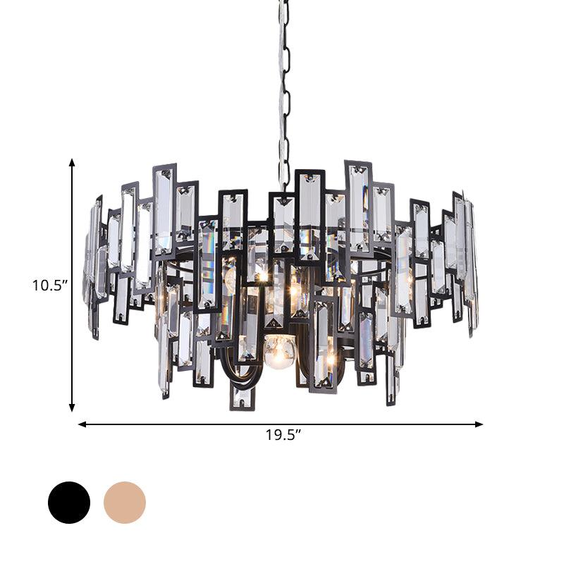 6 Bulbs Clear Crystal Blocks Embedded Chandelier Gold Black Round Bedroom Light - Rebooters