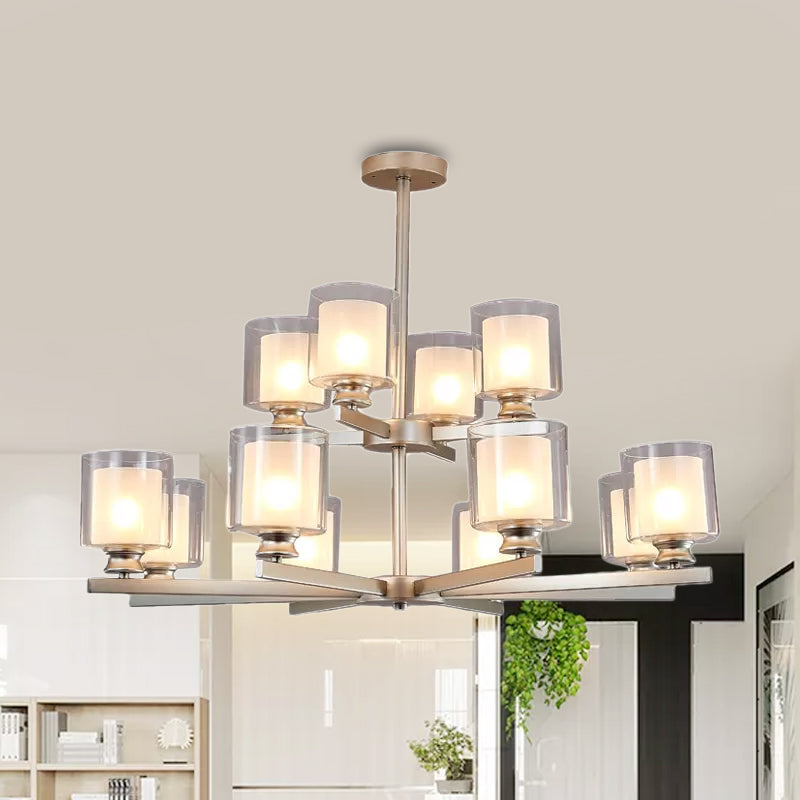 2-Tier Cylinder White Glass Chandelier with Radial Design - Rebooters