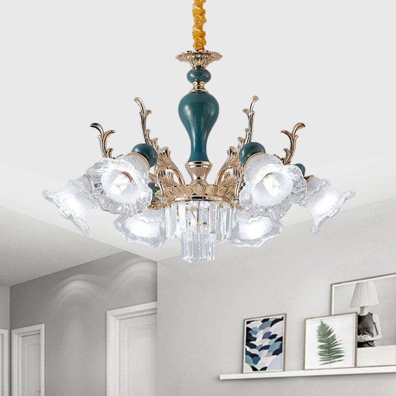 6/8 Heads Chandelier Lighting Traditional Floral Clear Crystal Ceiling Suspension Lamp in Blue - Rebooters